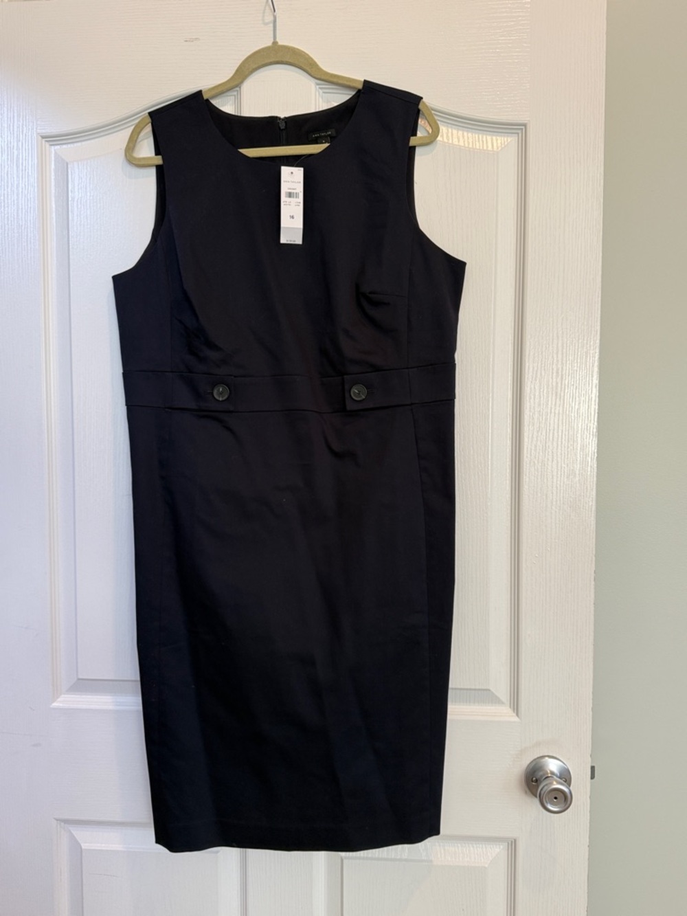 Ann Taylor Navy Sleeveless Midi Sheath Dress with Waist Button Detail